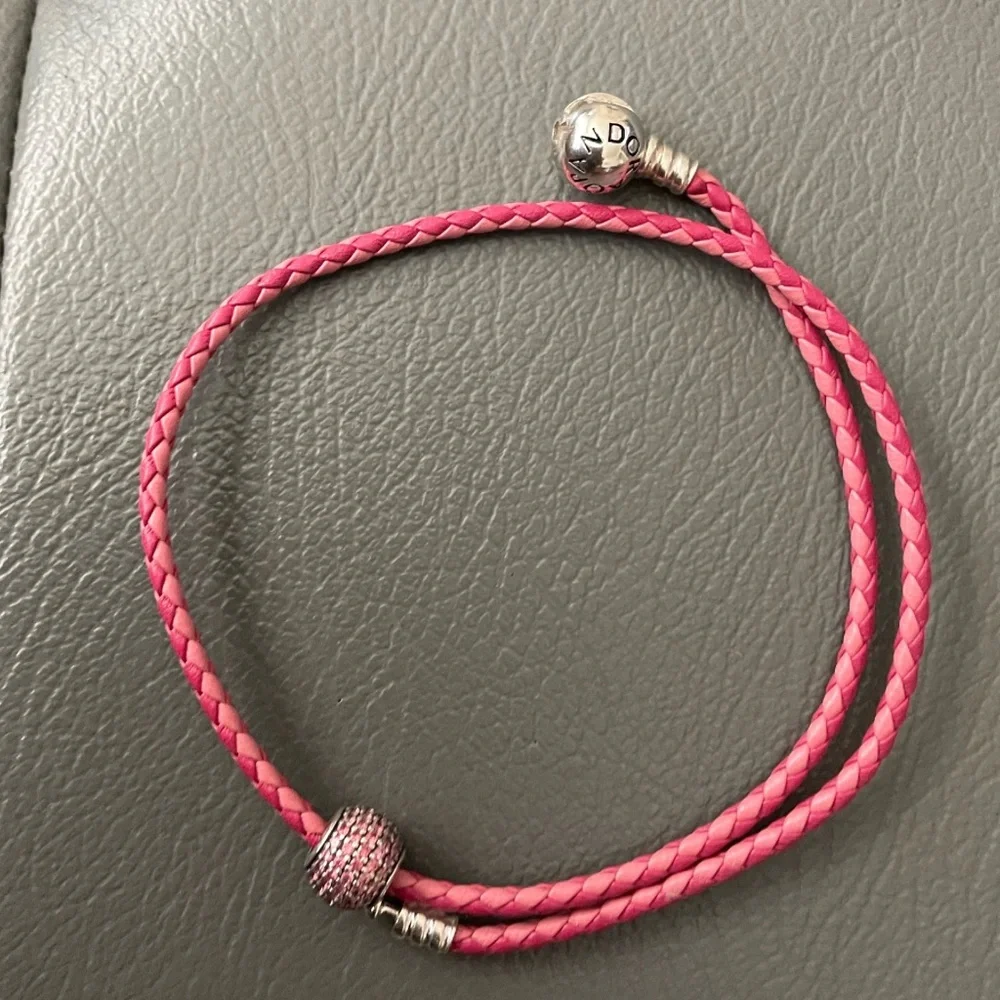 PANDORA Pink leather and Crystal pave ball charm set